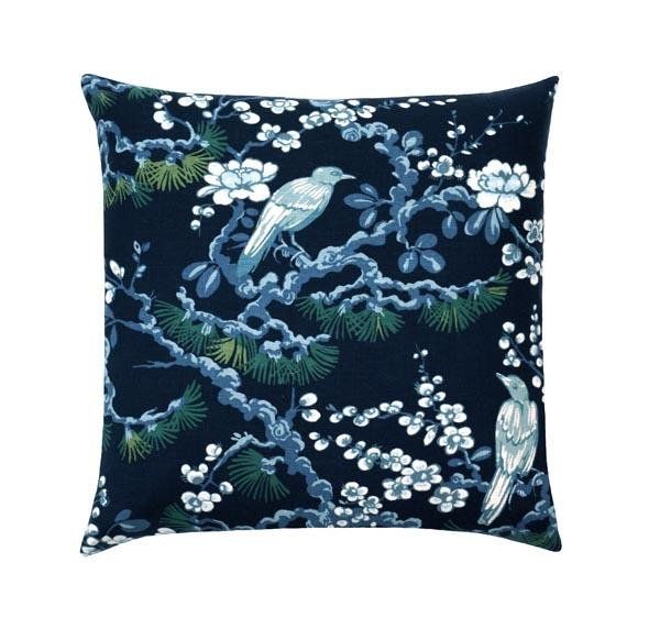 Starling Navy Blue Bird Toile Linen Pillow | Land of Pillows