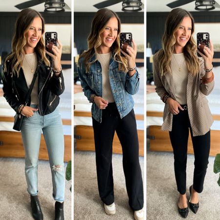 Fall Capsule Wardrobe 

Ribbed sweater top - small
Light wash jeans - 26 long 
Linking similar moto jacket (same brand as mine and I wear a medium) 
Denim jacket - medium 
Wide leg sweatpants - xs tall 
Plaid blazer - small
Black jeans - 26 long 
All shoes are tts 

#LTKunder100 #LTKstyletip #LTKFind