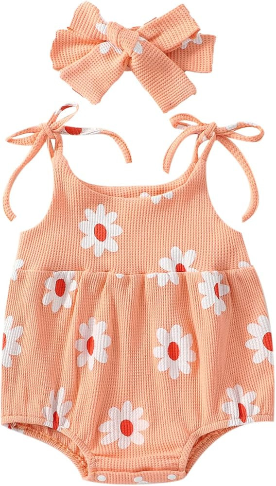 Kupretty Newborn Baby Girl Summer Clothes Sleeveless Strap Daisy Romper Bodysuit Jumpsuit Playsuits  | Amazon (US)