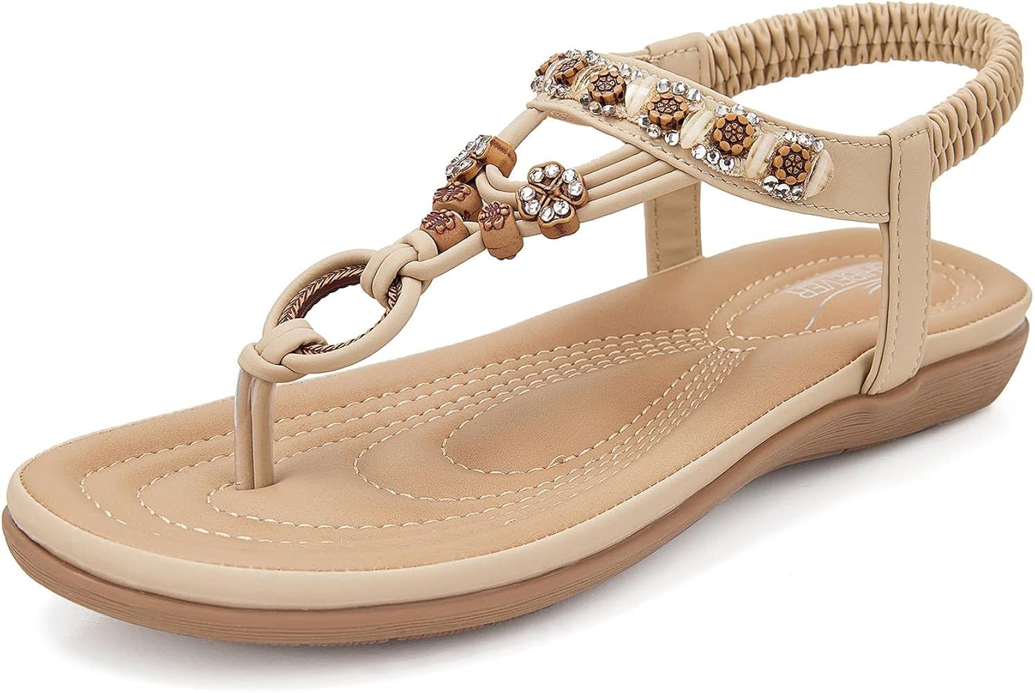 SHIBEVER Womens Flat Sandals Beaded Bohemian Elastic Back Strap Rhinestone Summer Slip On Sandals | Amazon (US)