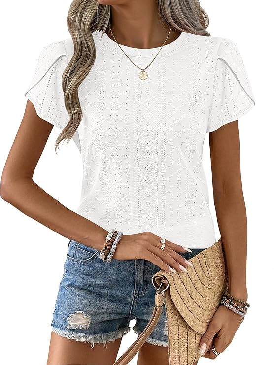 ANRABESS Womens Tops Summer Eyelet Petal Short Sleeve T Shirts Dressy Casual Blouses Ladies Basic... | Amazon (US)