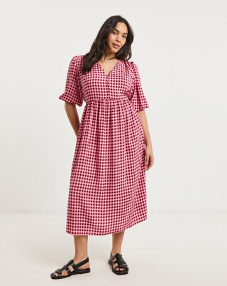 Pink Gingham Button Through Midi Dress With Pockets | Simply Be (UK)