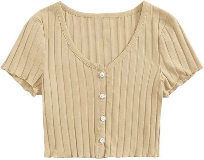 Romwe Women's Casual Summer Crop Top Short Sleeve V Neck Tee Button Ribbed Blouse T-Shirt | Amazon (US)