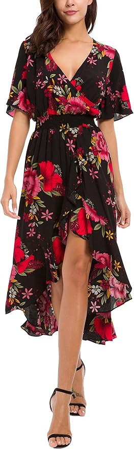 Kormei Womens Short Sleeve Floral High Low V-Neck Flowy Party Long Maxi Dress | Amazon (US)