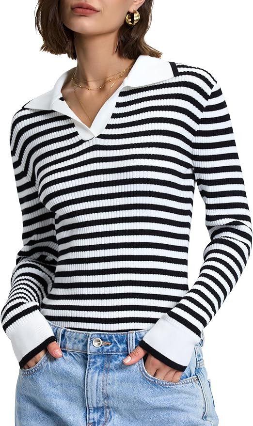 PrettyGuide Women's Collared V Neck Sweaters Casual Fall Long Sleeve Slim Fit Ribbed Knit Cotton ... | Amazon (US)