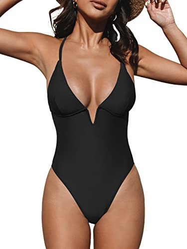CUPSHE Women Swimsuit One Piece Bathing Suit Deep V Neck Crisscross Back Adjustable Strap Black M | Amazon (US)