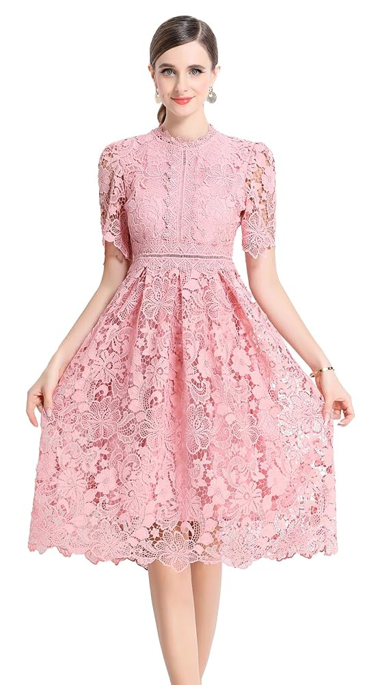 LAI MENG FIVE CATS Women's Lace Floral Short Sleeve Crochet Waist Cocktail Midi Dress | Amazon (US)