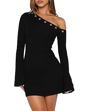 Women's Fall Off The Shoulder Long Flared Sleeve Mini Dress Neckline with Silver Eyelet Bodycon P... | Amazon (US)