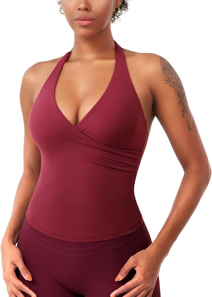 YEOREO Womens Halter Tank Tops Workout Impact Longline Strappy Top Padded Deep V Neck Wrap Gym Ba... | Amazon (US)