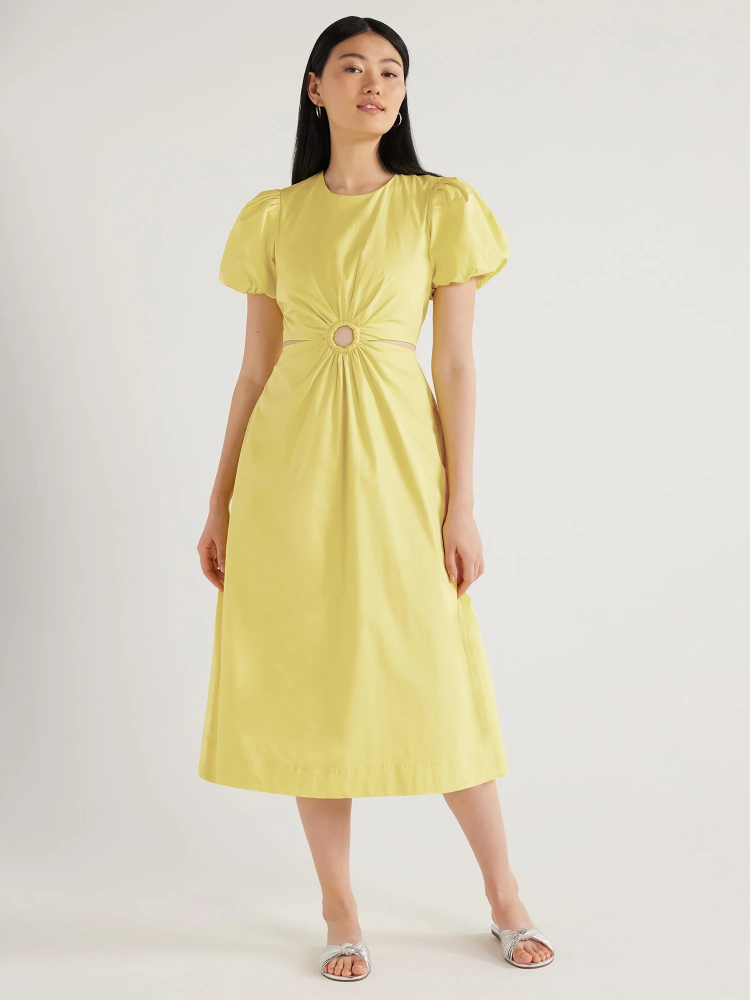 Scoop Women's Cut Out Midi Dress with Puff Sleeves, Sizes XS-XXL | Walmart (US)