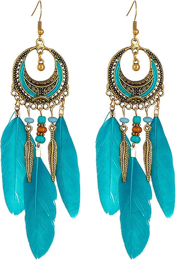 coadipress Boho Feather Earrings for Women Bohemian Fringe Tassel Long Drop Dangle Earrings Vinta... | Amazon (US)