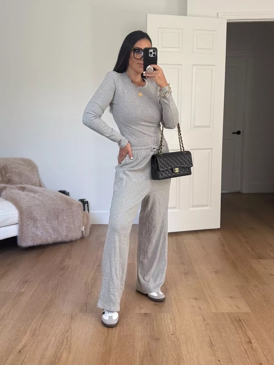 Two Piece Sets Fall Fashion Striped set wearing size medium.

