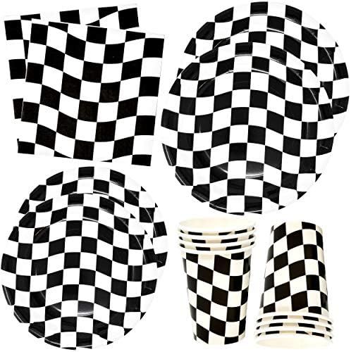 Black and White Checkered Racing Party Supplies Tableware Set 30 9" Plates 30 7" Plate 30 9 oz. Cups | Amazon (US)