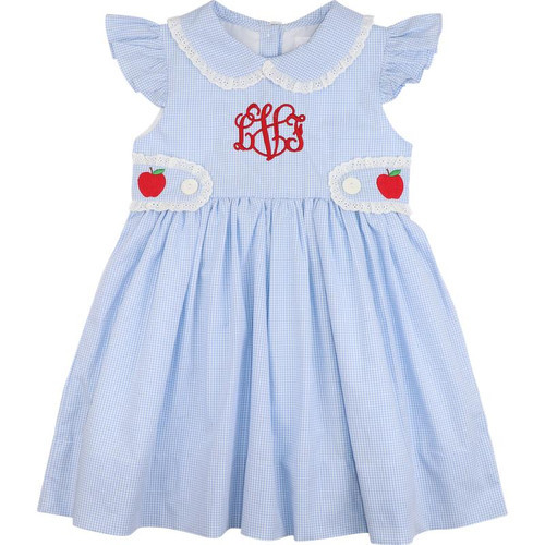 Blue Gingham Embroidered Apple Eyelet Dress | Cecil and Lou