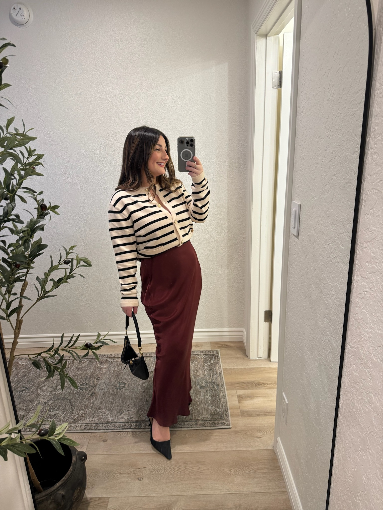 Burgundy maxi! Petite friendly! Perfect for holiday parties and events this season! 

Petite maxi slip size medium petite 
Striped cardigan size medium
Tank size small
Heels tts 

#LTKWorkwear #LTKHoliday #LTKStyleTip