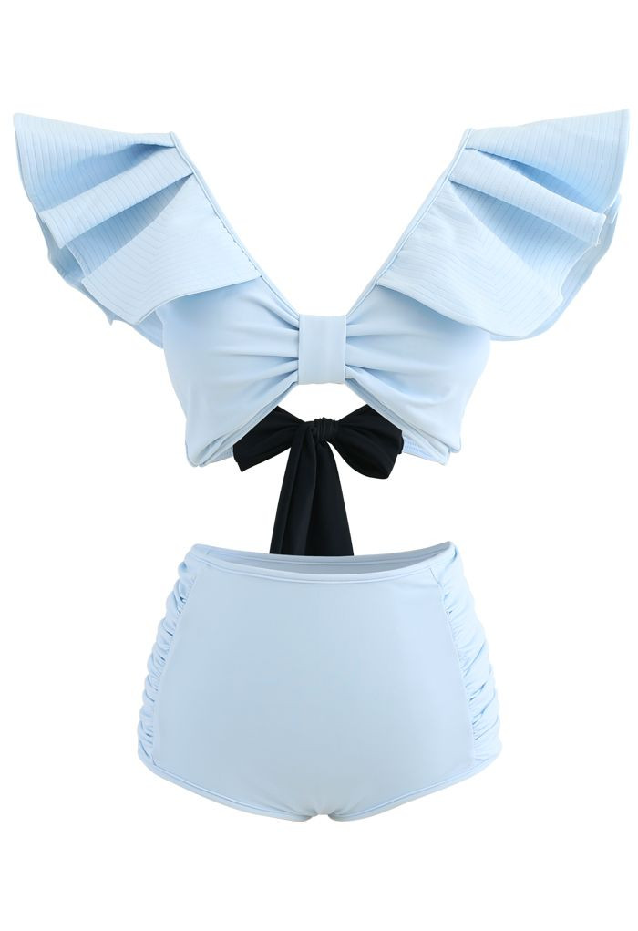 Plunging V-Neck Bowknot Ruffle Trim Bikini Set | Chicwish