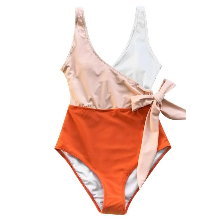 Cupshe Women's Orange Color Block One Piece Swimsuit Plunging Knotted Monokini - Walmart.com | Walmart (US)
