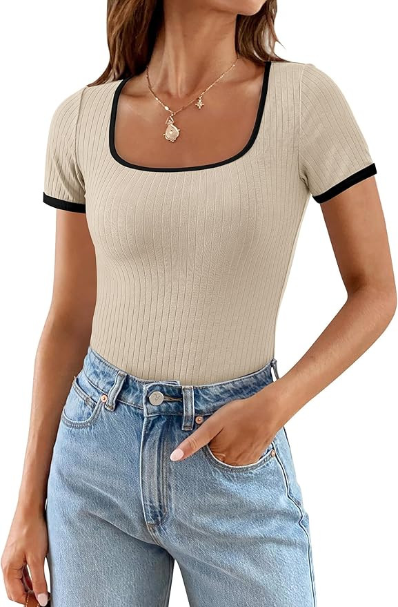 PRETTYGARDEN Womens Summer Casual Short Sleeve Ribbed Knit Square Neck Color Block Slim Fit Basic... | Amazon (US)