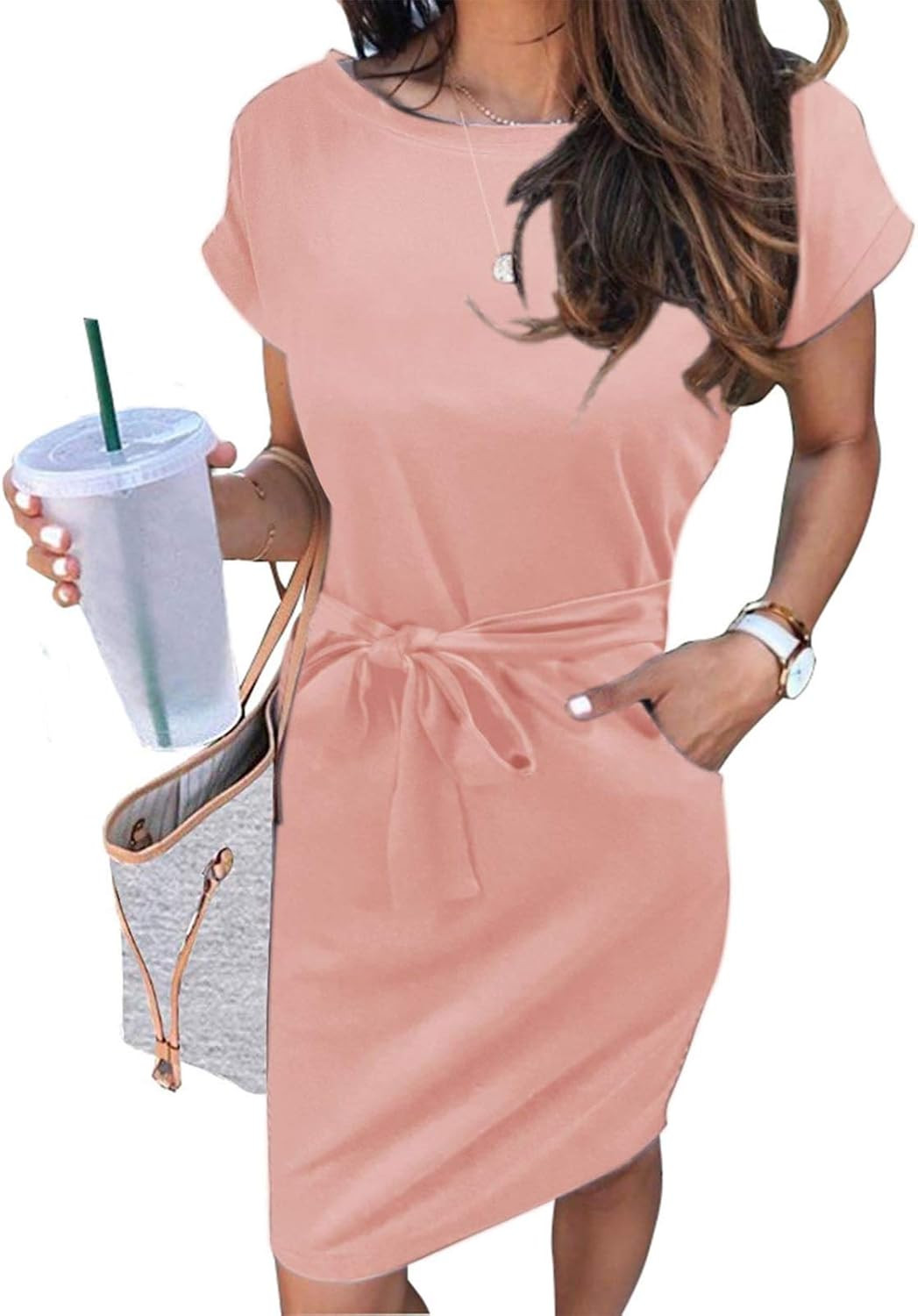 MEROKEETY Women's Summer Striped Short Sleeve T Shirt Dress Casual Tie Waist with Pockets | Amazon (US)