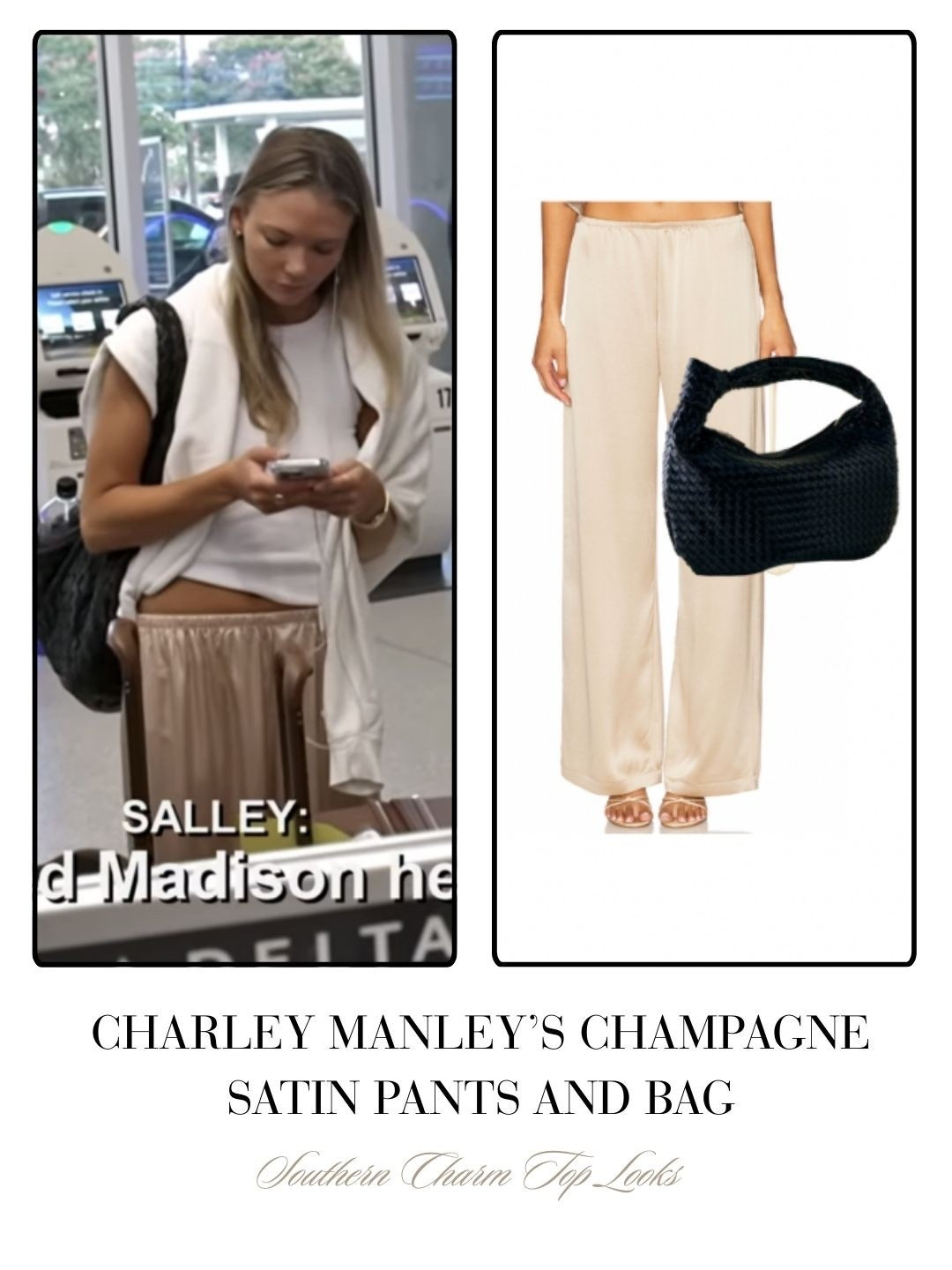 Charley Manely’s Champagne Satin Pants and Bag 