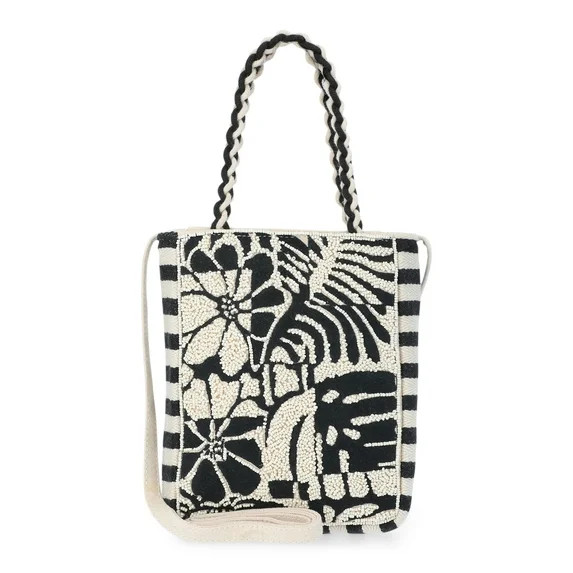 No Boundaries Women's Beaded Crossbody Tote Bag, Black/White | Walmart (US)