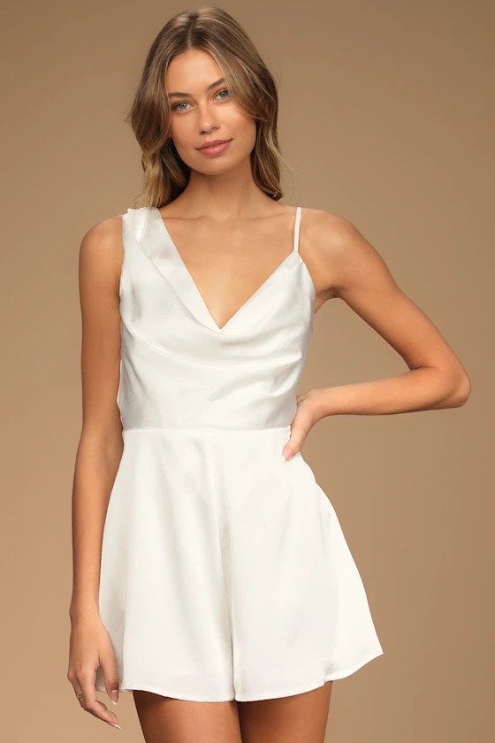 Likely Lover Ivory Satin Asymmetrical Cowl Neck Romper | Lulus (US)