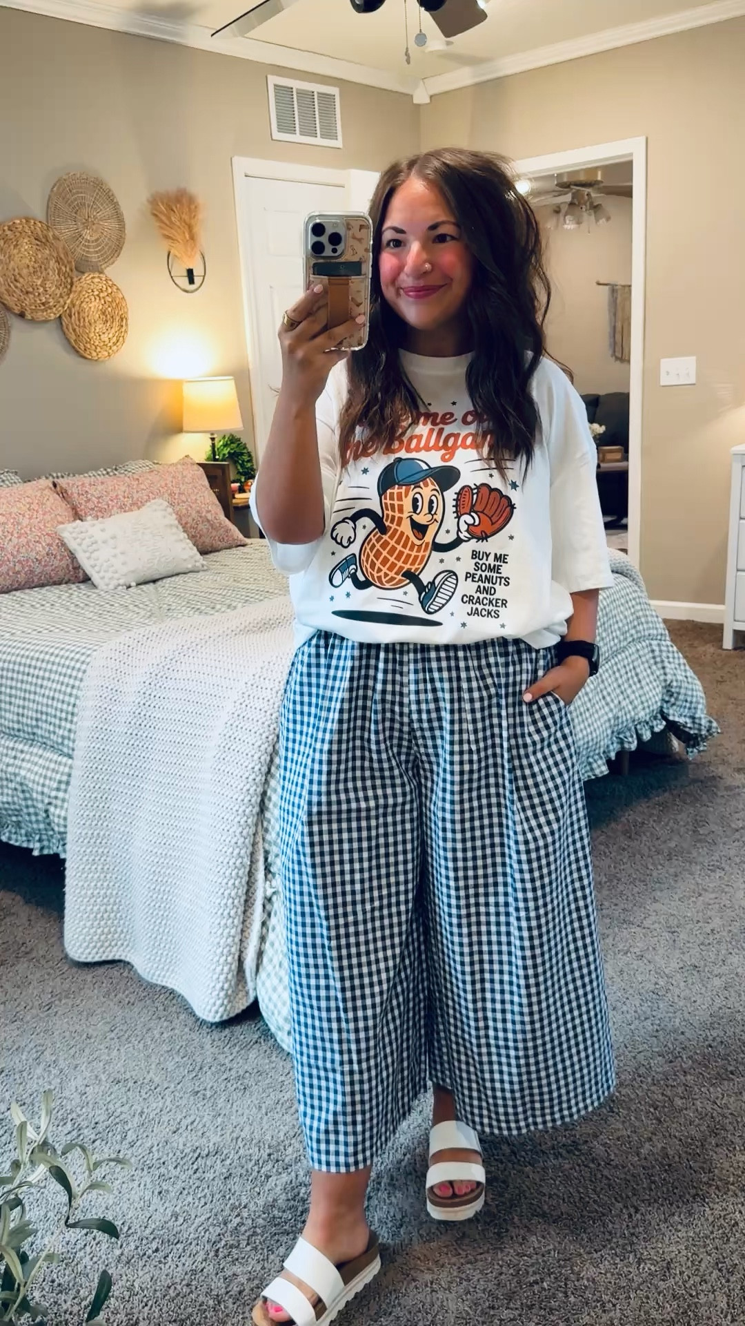 Game day ready ⚾️ The perfect mix of cute + comfy for cheering from the stands!

sandals: fit true to size // wearing a 5
pants: fit true to size // wearing a large
tee: fits oversized // wearing an XL 

 #LTKootd #LTKMidsize #LTKWorkwear