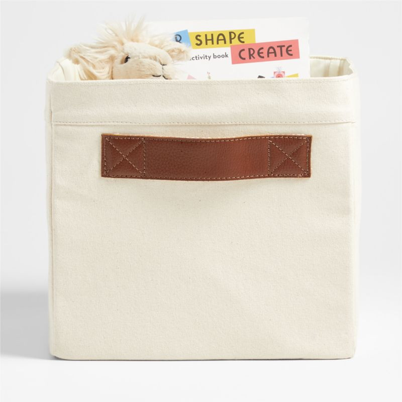 Canvas Shelf Storage Bin with Brown Leather Handles, Set of 4 + Reviews | Crate & Kids | Crate & Barrel