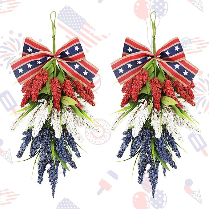 24inch Patriotic Red, White and Blue Floral Swag Wreath for Front Door Patriotic American Floral ... | Amazon (US)