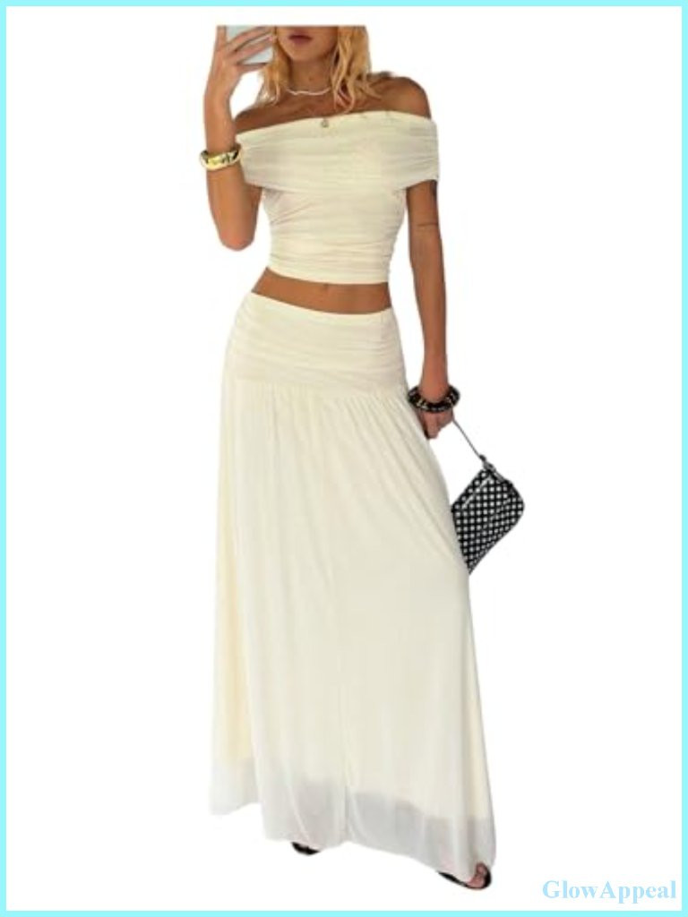 2 Piece Skirt Set Ruched Off Shoulder Top Maxi Skirt Beach Vacation Outfit | Poshmark