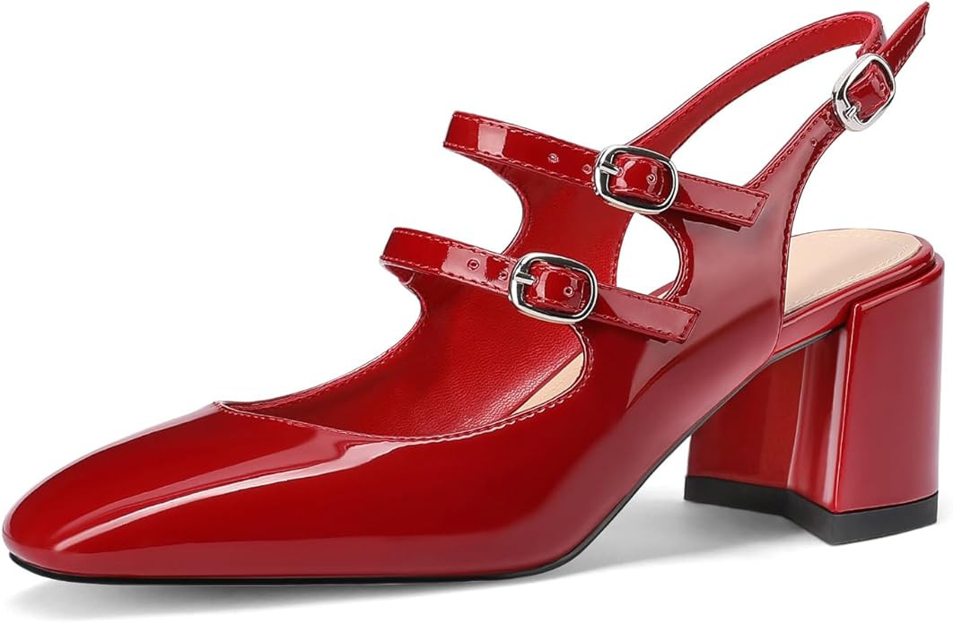 Adrizzlein Women Mary Janes Pumps Round Toe Strappy Chunky Heel Pumps with Adjustable Buckle | Amazon (US)