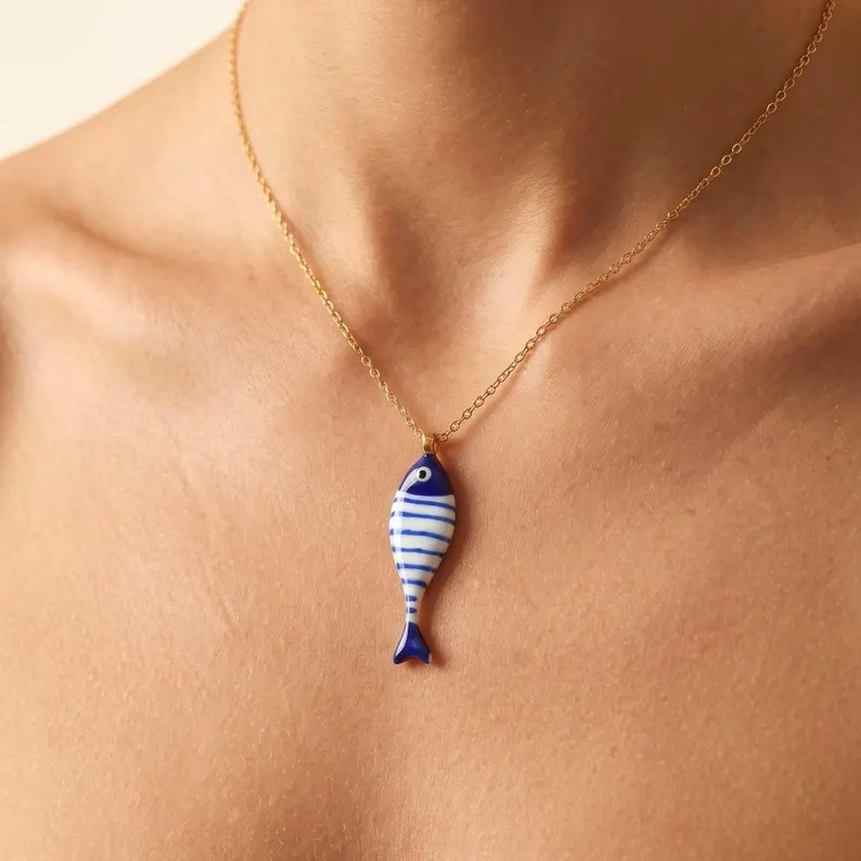 Enamel Lucky Fish Necklace, Striped Marine Animal Pendant, Summer Beachfront Jewelry, Gift For He... | Etsy (Global)