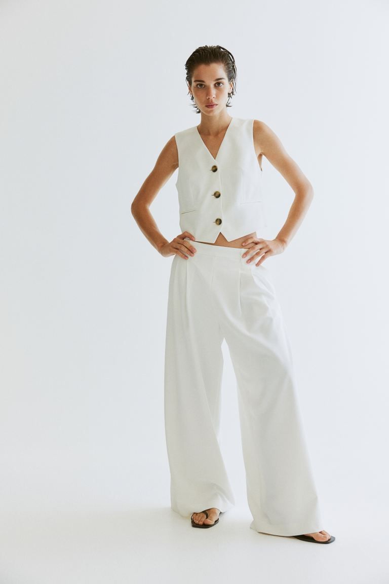 Wide tailored trousers - High waist - Long - White - Ladies | H&M GB | H&M (UK, MY, IN, SG, PH, TW, HK)