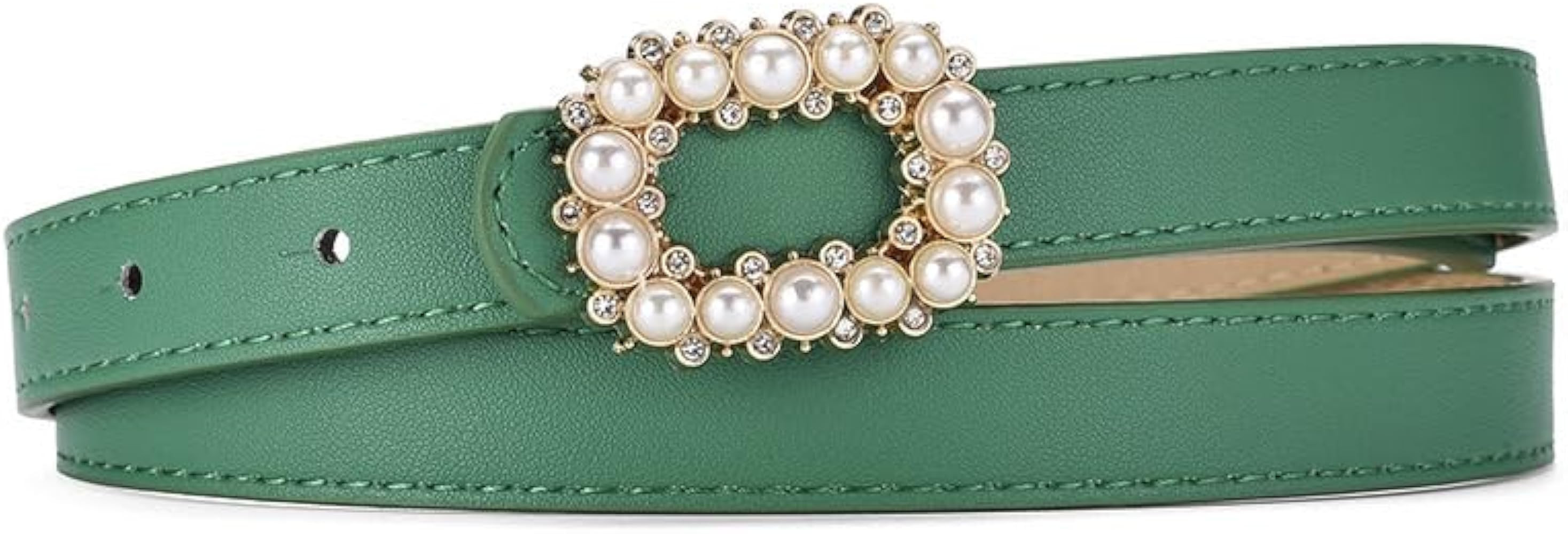 COTIM COYIN Women's Belt Elegant Pearl Shiny Rhinestone Rectangle Buckle Belt, Skinny Leather Adj... | Amazon (US)