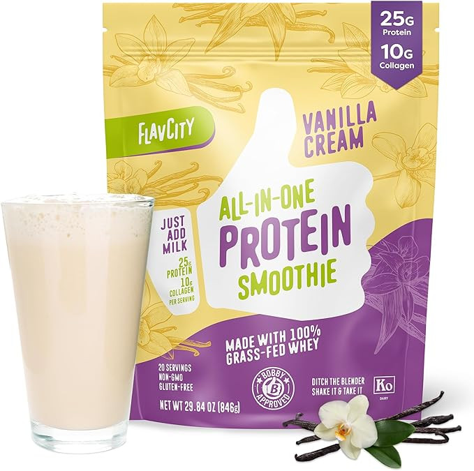 FlavCity Protein Powder Smoothie, Vanilla - 100% Grass-Fed Whey Protein Smoothie with Collagen (2... | Amazon (US)
