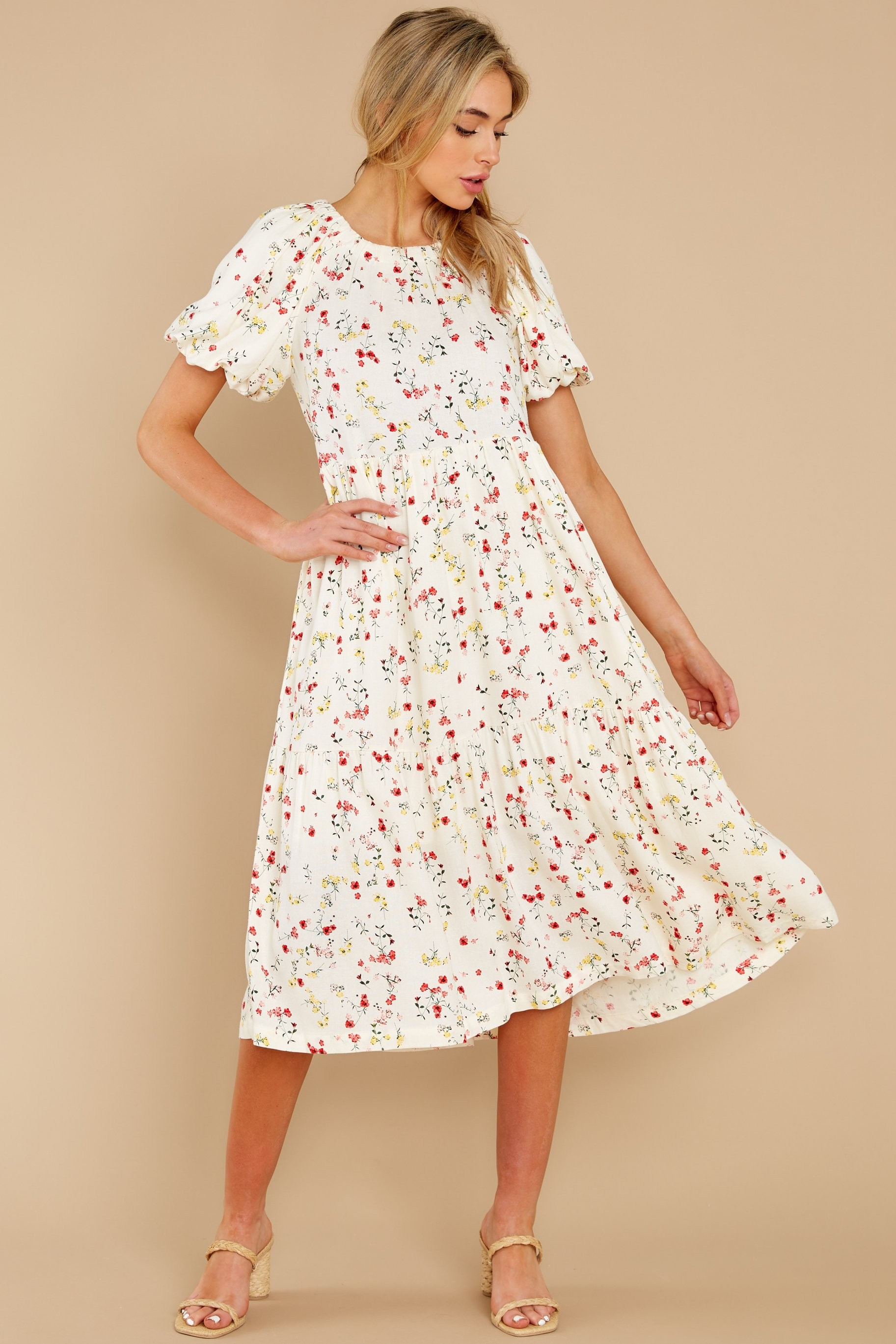 In Over My Head Ivory Floral Print Midi Dress | Red Dress 