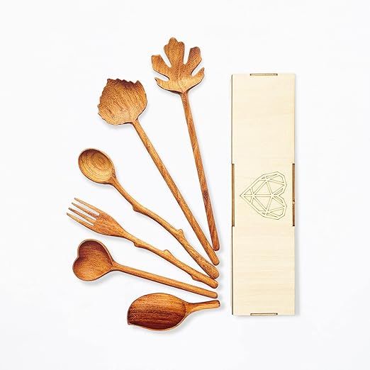 Natural Wooden Spoons and Forks Set (Set of 6), Fall Dinnerware, Thanksgiving Hostess Gifts for W... | Amazon (US)