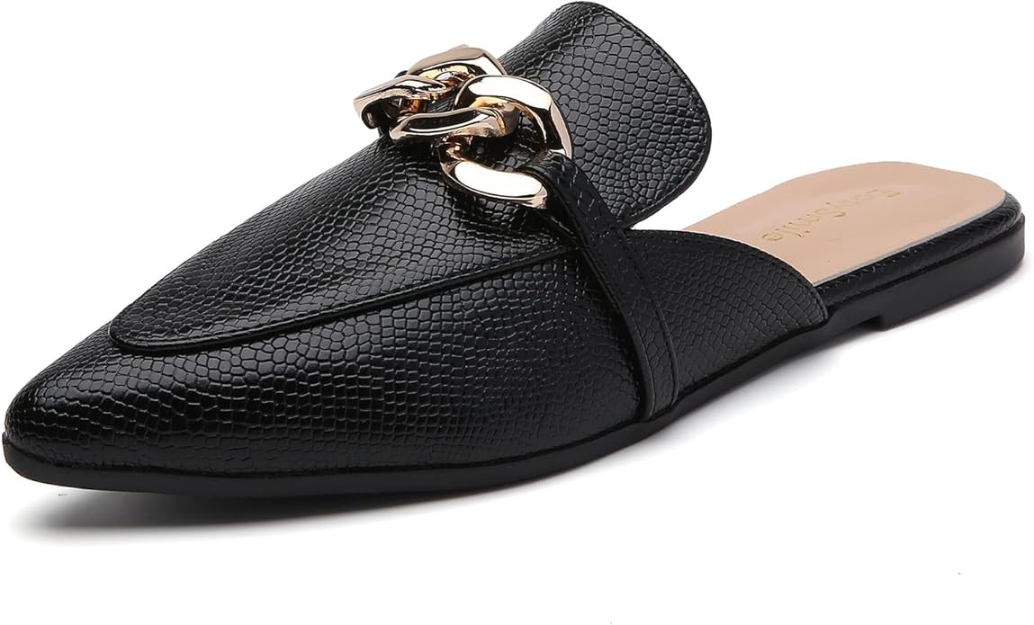 EasySmile Metal Chain Decor Flat Mules for Women Closed Pointed Toe Slip on Loafers Slides Backle... | Amazon (US)