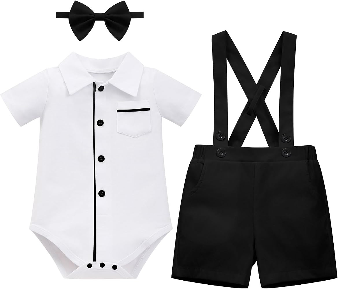 IDOPIP Baby Boy Formal Suit Outfit 3PCS Romper Bowtie Suspender Shorts for Wedding Tuxedo Baptism... | Amazon (US)