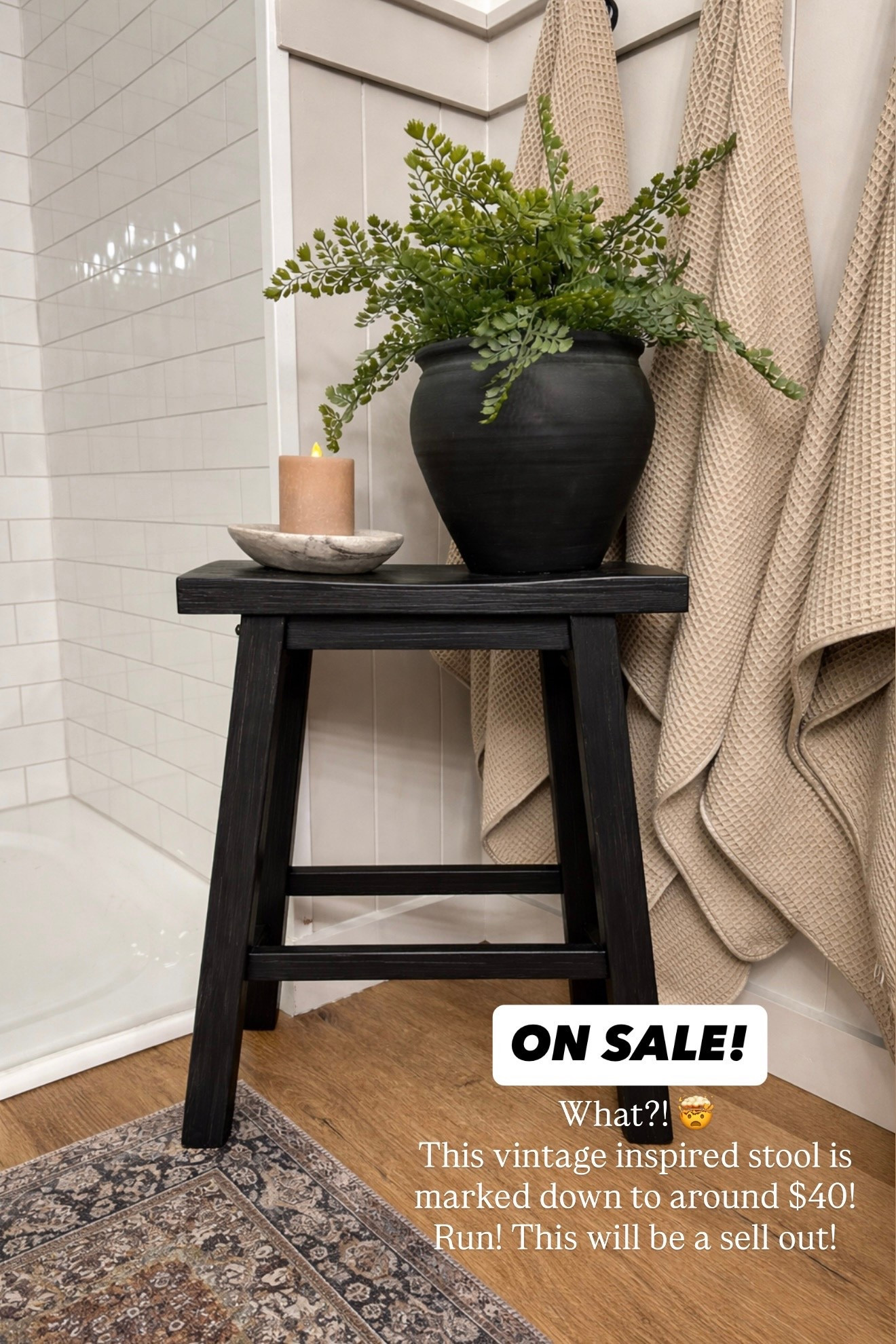 Vintage Black Wooden Stool From Amazon (On Sale)

Follow @farmtotablecreations on Instagram for daily home finds & deals 🤍

This is one of those grab-it-now pieces. This vintage-inspired black wooden stool is currently marked down to around $40 on Amazon, and I truly don’t see it staying in stock long.

I use stools like this constantly — beside the tub, in a bathroom corner, next to a chair, or even as a small accent table. The black finish adds just the right contrast while still working beautifully with warm neutrals and modern organic spaces.

If you’ve been looking for an easy, affordable way to add character and function, this one is such a good find. Run — this feels like a sell-out situation.

#stool #amazonfinds #bathroomdecor #bathroomstool #homeaccent #homedecor #modernorganic #neutralhome

#LTKHome #LTKFindsUnder50 #LTKSaleAlert