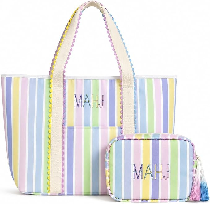 American Mahjong Tote Bag with MAHJ Embroidery, 2-Piece Candy Stripe Carrying Case with Large Til... | Amazon (US)