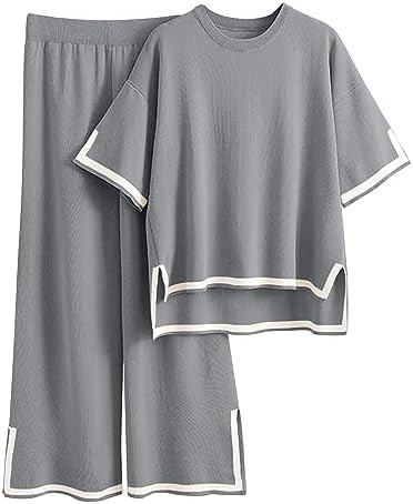 Tanming Sweater Sets Women 2 Piece Lounge Sets Short Sleeve Knit Pullover Tops Wide Leg Pants | Amazon (US)