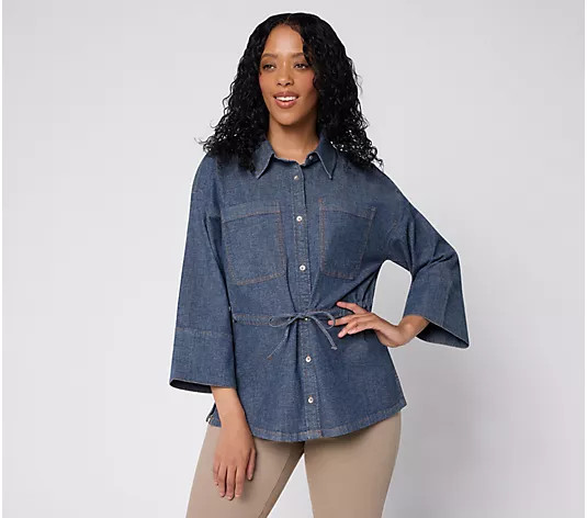 Peace Love World Cinched Tie Waist Button Up Elbow Sleeve Top - QVC.com | QVC