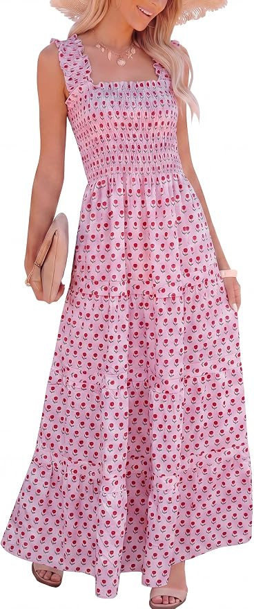 Caracilia Womens Summer Maxi Dresses Floral Smocked Sleeveless Ruffle Boho Casual Flowy Aline Bea... | Amazon (US)