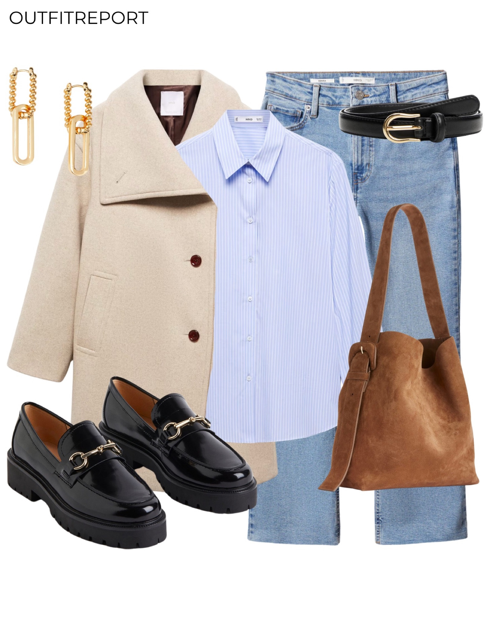 Beige coat jacket black loafers blue shirt blue denim jeans brown handbag 

#LTKshoecrush #LTKeurope #LTKstyletip
