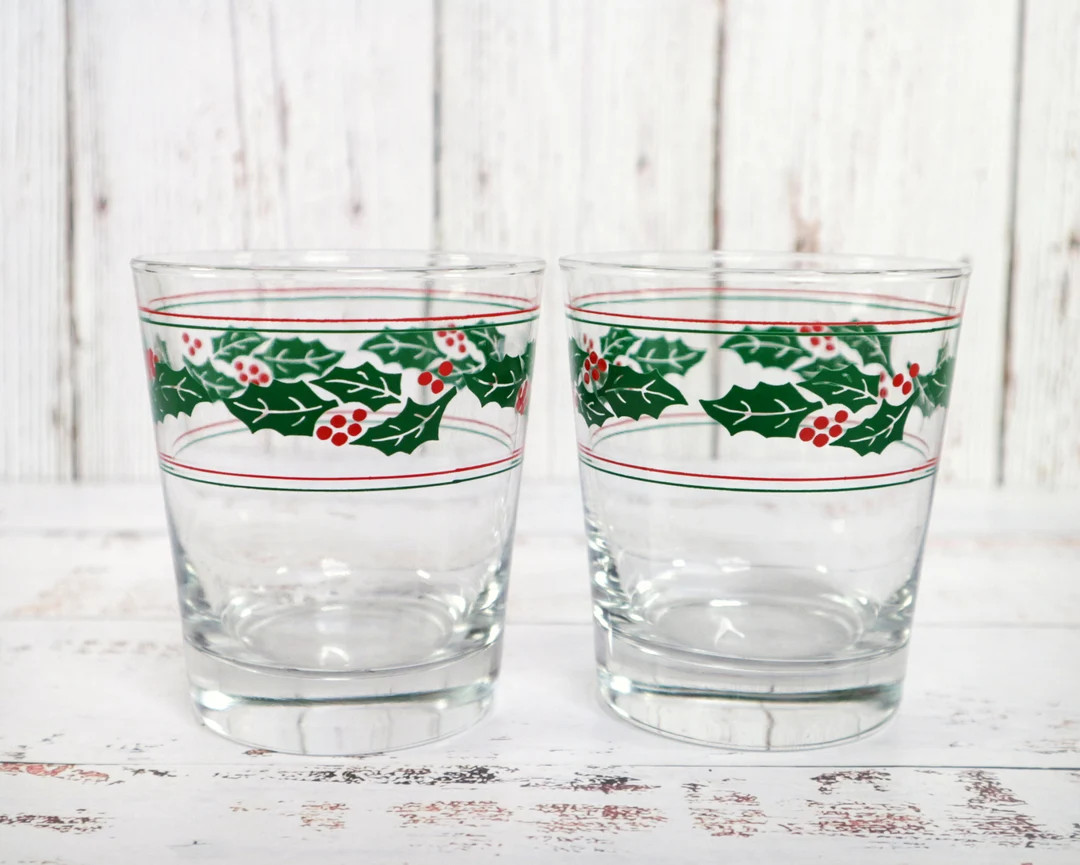 Vintage Holly Berry Christmas Glasses Anchor Hocking Double - Etsy | Etsy (US)