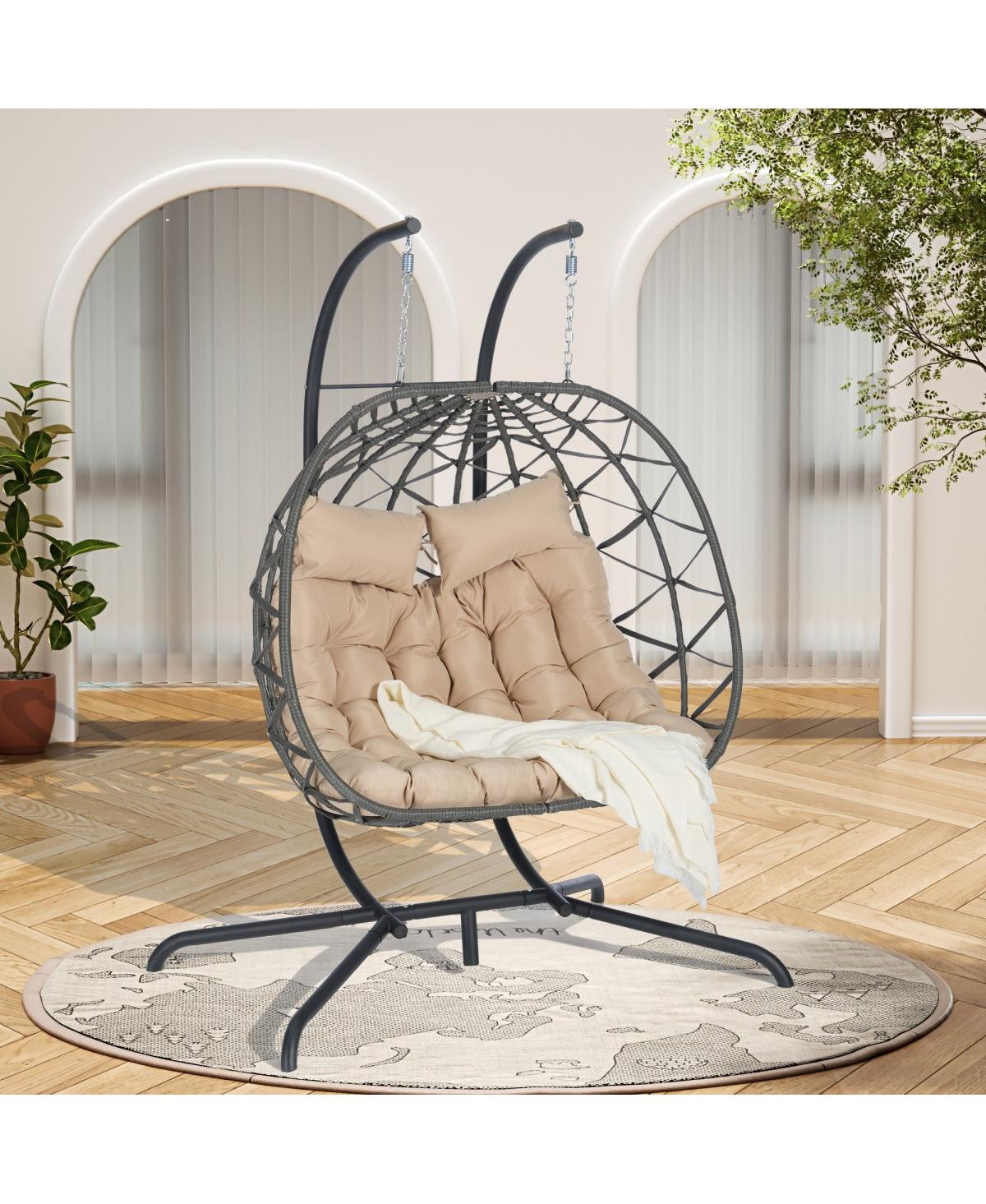 Asagikoiai Outdoor Double Egg Chair with Stand and Cushions, Hanging Wicker Patio Swing - Beige/khaki | Macy's