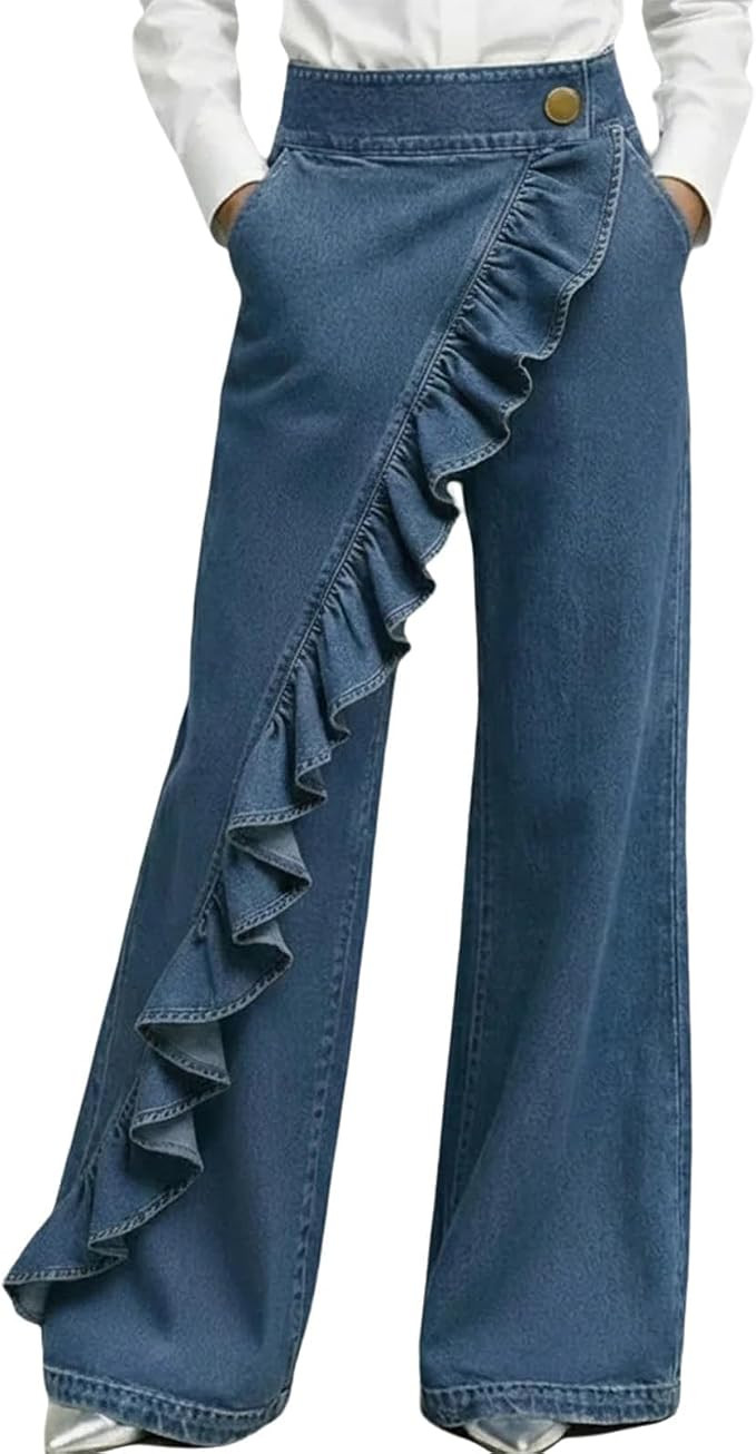 Women's High Waisted Wide Leg Jeans Ruffle Trim Asymmetrical Denim Palazzo Pants Trendy Loose Fit... | Amazon (US)