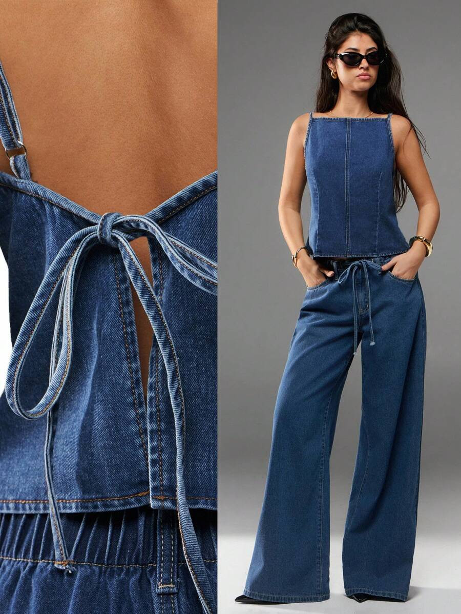 Casual Lace-Up Backless Camisole Denim Top For Summer | SHEIN