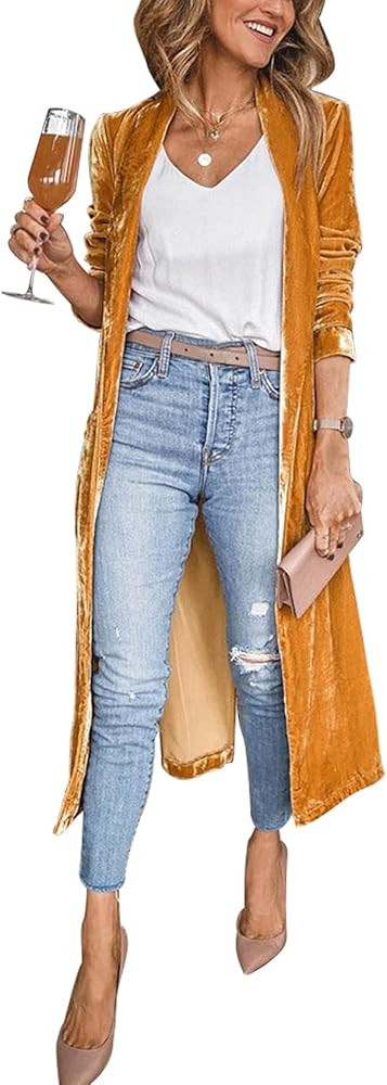 Arssm Women's Long Velvet Cardigan Jacket Lapel Collar Open Front Cardigan Sweater | Amazon (US)
